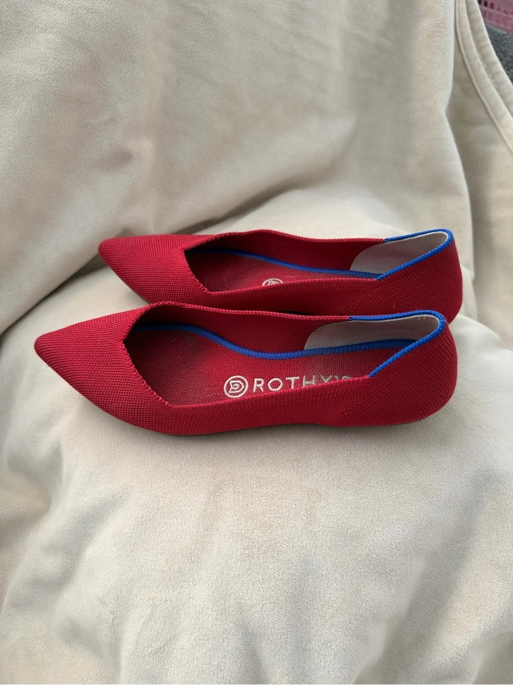Rothy's Red Pointed Slip-On Ballet Flats with Blue Trim